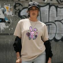 Women's Printed T-Shirt With Rabbit And Key Design, 100% Premium Cotton, Crew Neck, Plus Size, Comfortable T-Shirt/Blouse - 米色 - 查看 1