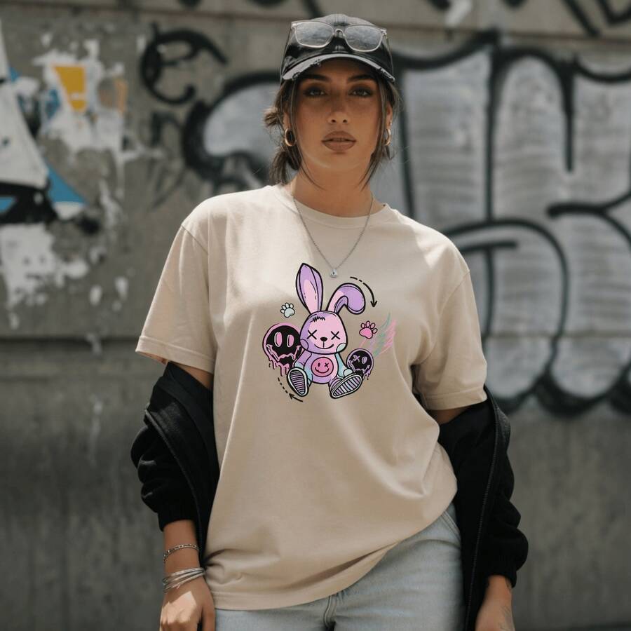 Women's Printed T-Shirt With Rabbit And Key Design, 100% Premium Cotton, Crew Neck, Plus Size, Comfortable T-Shirt/Blouse - 米色 - 查看 1