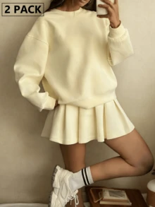 女款奶油黃寬鬆衛衣＋百褶裙兩件套，返校季優雅穿搭 - 黃色 - 查看 6