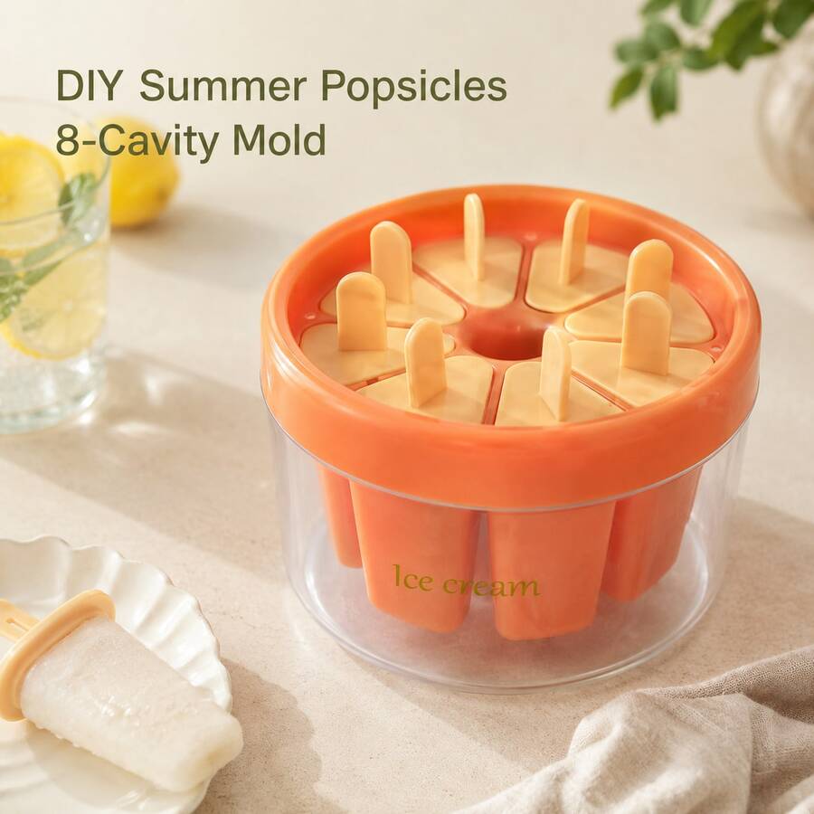 8-Slot Rotating Ice Pop Mold With Lid, Reusable Ice Pop Maker With Storage Box, Suitable For Children, DIY Ice Cream, Fruit Ice, Yogurt Ice, Easy Release Ice Pop Tray Fit For Refrigerator, Cute Multi-Color Kitchen Tool For Summer, Space-Saving Ice Pop Organizer Rack For Home Baking - Orange - View 1