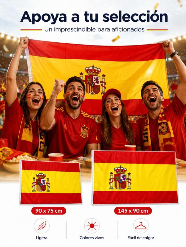 Bandera española de alta definición, disponible en 2 tamaños, ligera y fácil de colgar, ideal para decoración exterior, eventos deportivos de la Copa Mundial, aficionados, colores vibrantes y gran durabilidad, perfecta para fiestas en el balcón y celebraciones navideñas.Bandera nacional, decoración festiva.