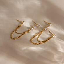 18K Gold Plated 1 Pair Fashion Jewelry Charming Earrings Stainless Steel Gold Plated Multi-Ear Wire Gothic Style Women's Earrings Gift For Sisters Gift For Friends Punk - Multi-diamond Double Ear Wire - View 4