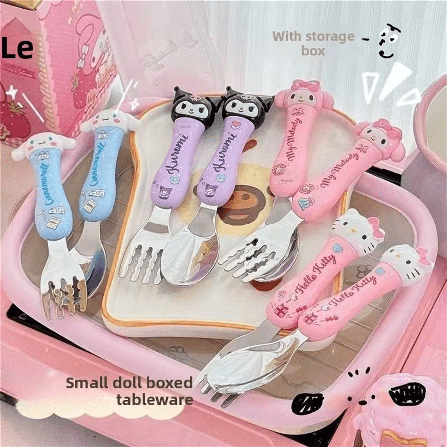 SANRIO Kuromi Cinnamoroll My Melody Kate Cat Set Peralatan Makan Portabel Kartun Lucu dari Stainless Steel, Termasuk Peralatan Makan dan Minum yang Unik dan Menggemaskan, Cocok untuk Dapur, BBQ, Makan, Berkumpul Bersama Teman, Hadiah Ulang Tahun, dll.