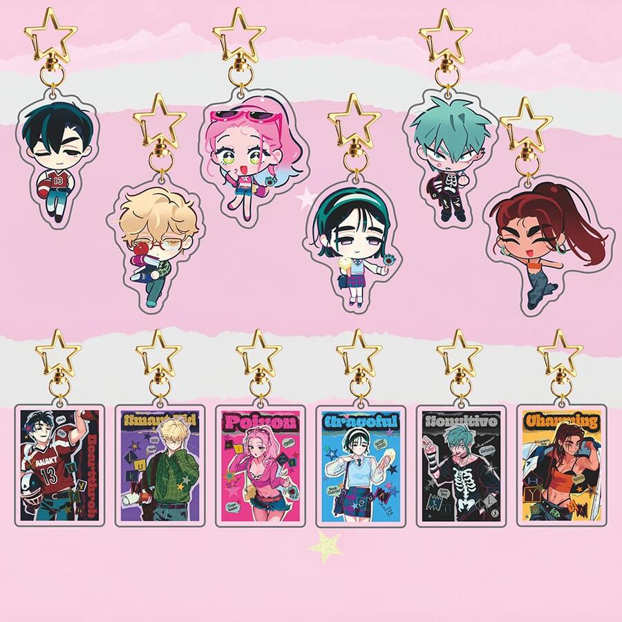 Llavero de acrílico de anime Alien Stage, llavero de personajes de dibujos animados ALNST Ivan Till Mizi Sua con broche de estrella dorada, colgante de estilo de portada de revista retro Y2K para decoración de mochila - Multicolor - Ver 1