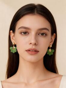 1 Pair Green Raffia Woven Floral Earrings, Metal Disc Combination Earrings, Niche Design, French Style Vacation Versatile Earrings Suitable For Daily, Work, Beach, Gathering With Friends, Birthday Party, Casual Wear - Green - View 8