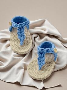1 Pair Handmade Crochet Infant Sandals, White And Beige, Infant Booties - Baby Blue - View 5