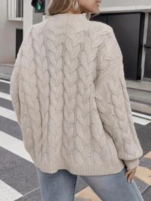 Crew Neck Long Sleeve Solid Color Casual Ribbed Knit Pullover, Daily Wear For Autumn/Winter - Khaki - View 2