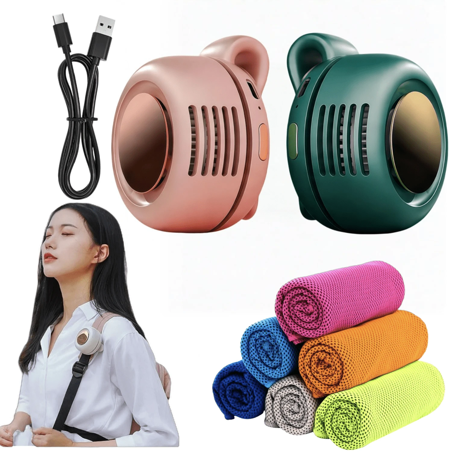 Handle Fans - Yeşil ve pembe 4'lü paket (2 vantilatör + 2 havlu) - Görünüm 1