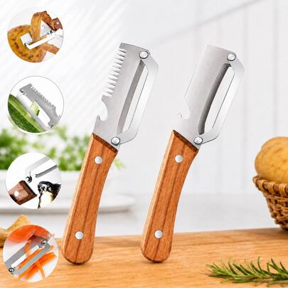 2 piezas Juego de peladores de verduras multifunción, pelador de mango de madera y acero inoxidable, herramienta de cocina 2 en 1 y 3 en 1 con rallador de cebolleta y abridor de botellas, adecuado para cocinar en casa
