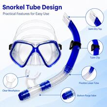 1 set Masque de snorkeling et tuba, lentilles doubles en verre trempé, jupe faciale en PVC, tuba incurvé semi-sec, avec valve de drainage, disponible en bleu/jaune/noir/rose unicolore, convient pour la plage, la piscine, les voyages de snorkeling - Bleu azur - Voir 4