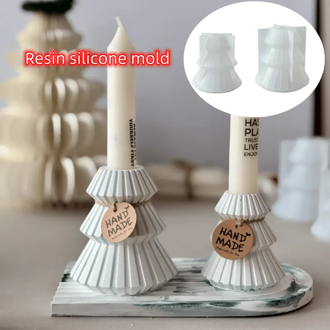 DIY Resin Mold Large Striped Christmas Tree Candle Holder Mold Home Christmas Decoration Tabletop Resin Plaster Silicone Mold, Suitable For Making Candles And Candle Holders - Christmas Tree Candlestick Mold - View 1