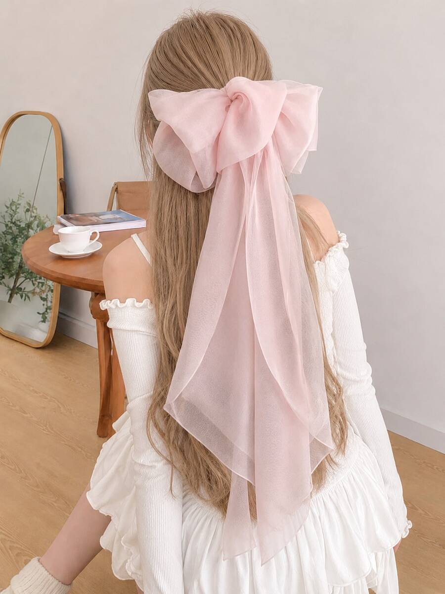 topshiny 1 chiếc kẹp tóc nơ voan 3 lớp kiểu Pháp, phụ kiện tóc ruy băng satin dài thanh lịch dành cho nữ.