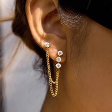 18K Gold Plated 1 Pair Fashion Jewelry Charming Earrings Stainless Steel Gold Plated Multi-Ear Wire Gothic Style Women's Earrings Gift For Sisters Gift For Friends Punk - Multi-diamond Double Ear Wire - View 9