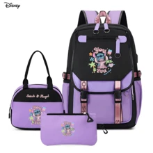 Bộ 3 món ba lô Disney Stitch và Thiên thần màu tím đen, kiểu dáng thường ngày, kèm túi giữ nhiệt và túi đựng đồ, in hình đồ họa. - màu 1 - Xem 1