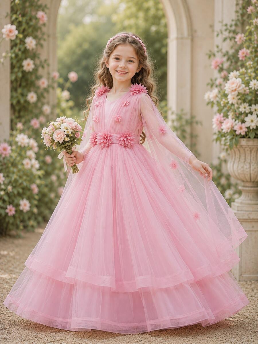 Young Girl Elegant Floral Flower Girl Wedding Dress Princess Tulle Maxi Dress, Suitable For Formal Occasions, Parties, Birthday - Bụi hồng - Xem 1