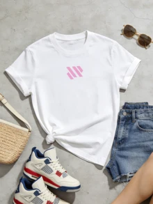 Women's Summer Casual Soft Round Neck Short Sleeve T-Shirt,Minimal Pink Geometric Print Graphic Suitable For Spring Summer. - Blanco - Ver 5