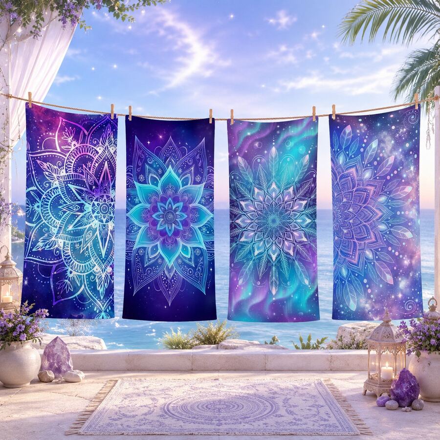 1 Stück Traumhafter Mandala Muster Lila & Blau Strandtuch, super weiche Mikrofaser extra große Stranddecke, hochabsorbierend, geeignet für Reisen, Schwimmbad, Tauchen, Surfen, Yoga, Camping, in verschiedenen Größen erhältlich, Strandaccessoires - Mandala-Muster - Übersicht 1