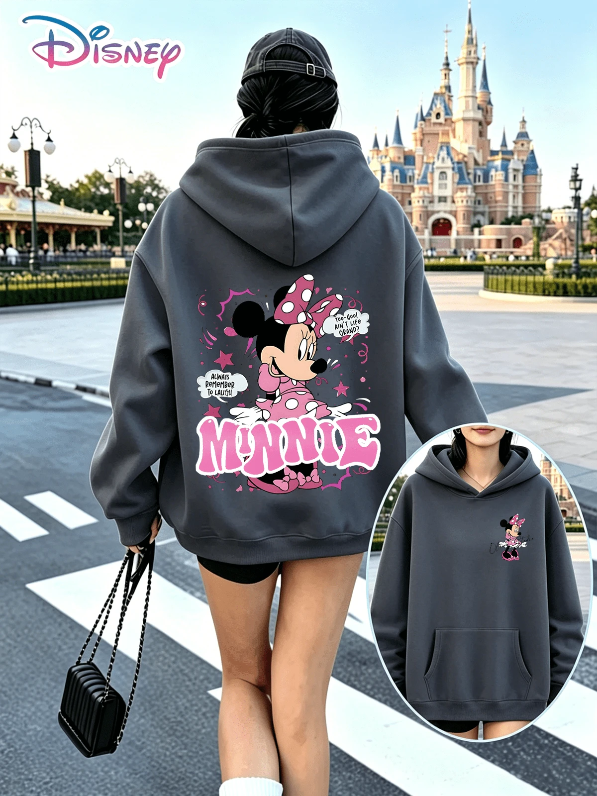 This Disney Minnie Mouse Hooded Sweatshirt Features Fun Dialogue With Hearts And Stars, A Casual And Versatile Style Perfect For A Sweet And Cool Look. It's The Ideal Choice For Everyday Wear At Home, Shopping, Dates, And Amusement Park Photos, Exuding A Great Vibe. (Women's Autumn/Winter Clothing/Elegant Women's Outfits/Patterned Hoodies/Printed Tops/Casual Outfits For Women/Women Trending Now/Holiday Co-Ord/Plus Size Friendly) - Màu xám đen - Xem 1
