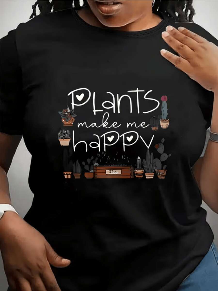 Colorful Cacti And Flowerpots Symbolizing Joy And Love For Nature With The Positive Phrase "Plants Make Me Happy" - Comfortable Casual Everyday Women's T-Shirt - 黑色 - 查看 1