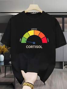 T-shirt graphique à thème scientifique sur l'hormone de cortisol, col rond, manches courtes, décontracté et respirant, adapté pour le streetwear et les tenues décontractées, lavable en machine - Noir - Voir 1