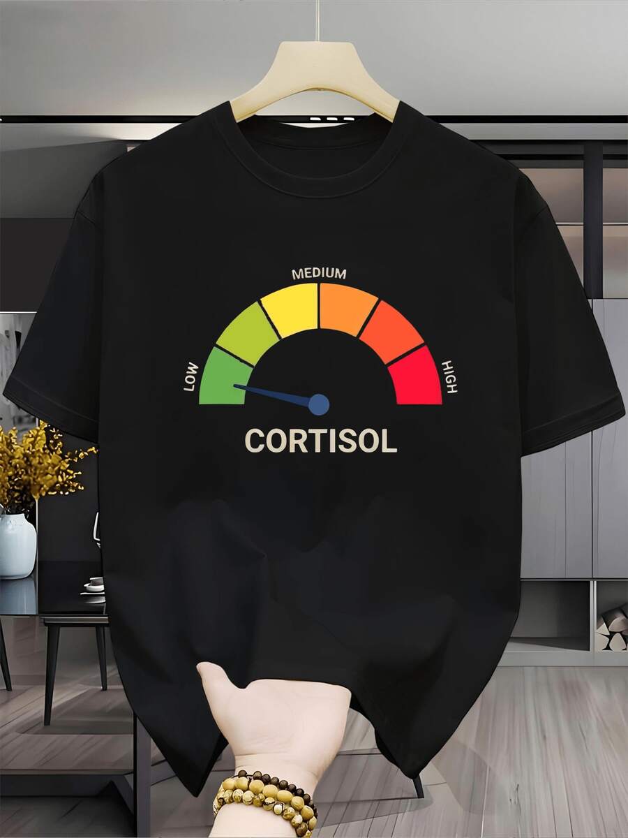 T-shirt graphique à thème scientifique sur l'hormone de cortisol, col rond, manches courtes, décontracté et respirant, adapté pour le streetwear et les tenues décontractées, lavable en machine - Noir - Voir 1