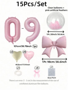 15件組粉色生日裝飾氣球套裝，包含40英吋粉色0-9數字鋁箔氣球、18英吋透明Bobo氣球、霧面粉色蝴蝶結氣球與18英吋愛心氣球，適用生日派對、公主主題、週年紀念、房間裝飾 - 珠光粉數字款 - 查看 4