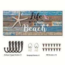 「Life Is BETTER At The Beach」壁掛式鑰匙架，附5個古銅色掛鉤 - 現代農場風家居裝飾，適用於掛包包、衣服、鑰匙、圍巾，適合送禮與居家使用 - 彩色 - 查看 7