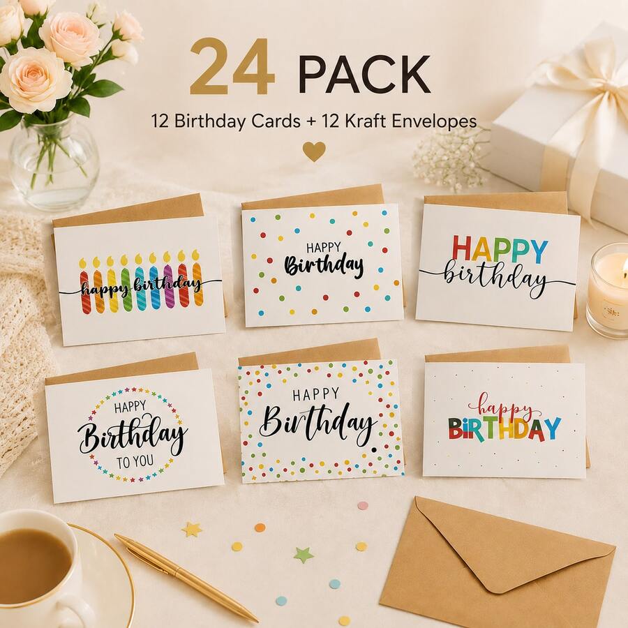 Bộ 24 thiệp sinh nhật trắng kèm phong bì, thiệp chúc mừng có thể tùy chỉnh, bộ quà tặng dễ thương phù hợp cho bạn bè, gia đình, Ngày của Cha. - Phong cách đơn giản và sáng tạo - Xem 1