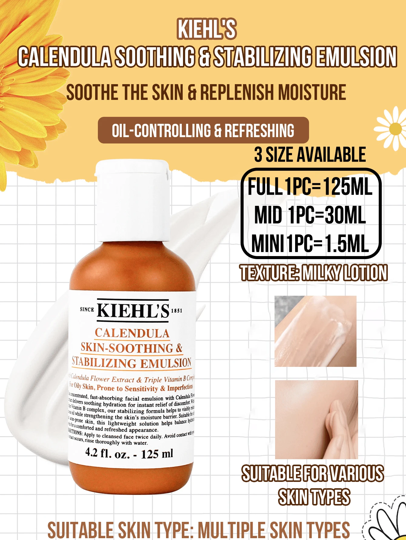 Kiehl's Soothing Lotion (125ml/30ml/1.5ml) cepat menyerap, mengontrol minyak, dan membuat kulit terasa segar, memberikan hidrasi tahan lama, dan tidak lengket. Cocok untuk kulit berminyak, sensitif, dan berjerawat.