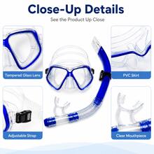 1 set Masque de snorkeling et tuba, lentilles doubles en verre trempé, jupe faciale en PVC, tuba incurvé semi-sec, avec valve de drainage, disponible en bleu/jaune/noir/rose unicolore, convient pour la plage, la piscine, les voyages de snorkeling - Bleu azur - Voir 6