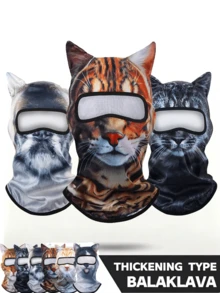 1pc Unisex 3D Cat Print Balaclava Hat, Thick Ear Decor Animal Full Face Mask, Windproof Breathable For Cycling/Skiing/Halloween/Outdoor, Suitable For Men And Women - Multicolor - View 1