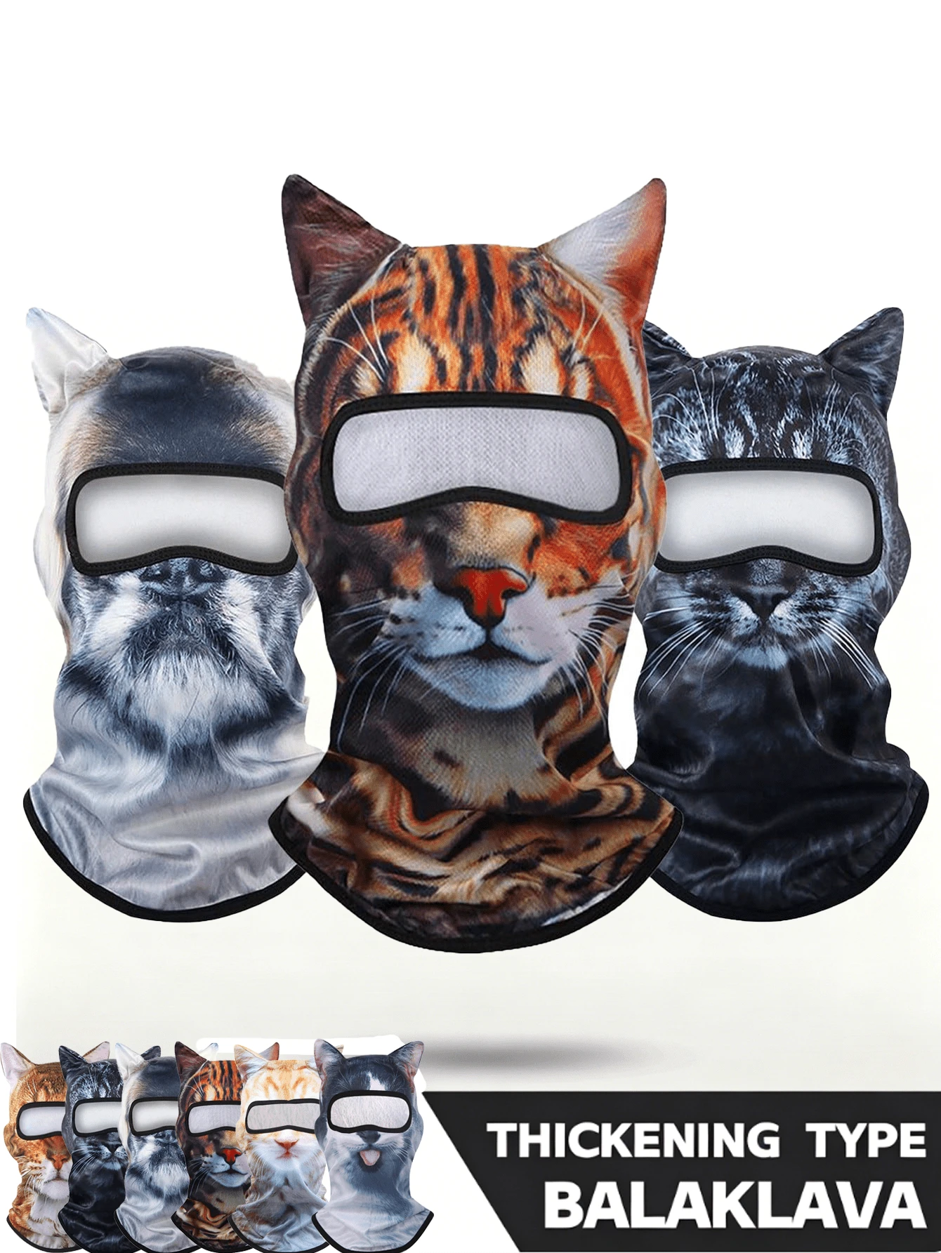 1pc Unisex 3D Cat Print Balaclava Hat, Thick Ear Decor Animal Full Face Mask, Windproof Breathable For Cycling/Skiing/Halloween/Outdoor, Suitable For Men And Women - Multicolor - View 1