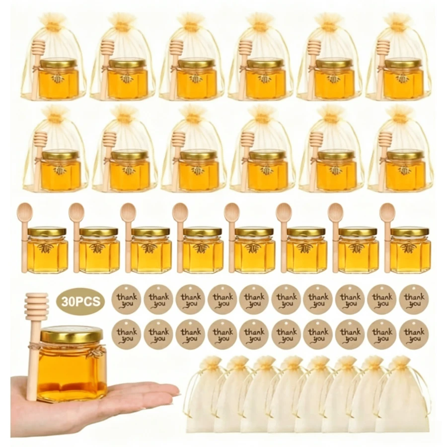 30個 45ml 六角形玻璃迷你蜂蜜罐,附金色蓋子、標籤、麻繩、金色禮品袋,派對婚禮伴手禮容器 - 30件套裝 - 查看 1