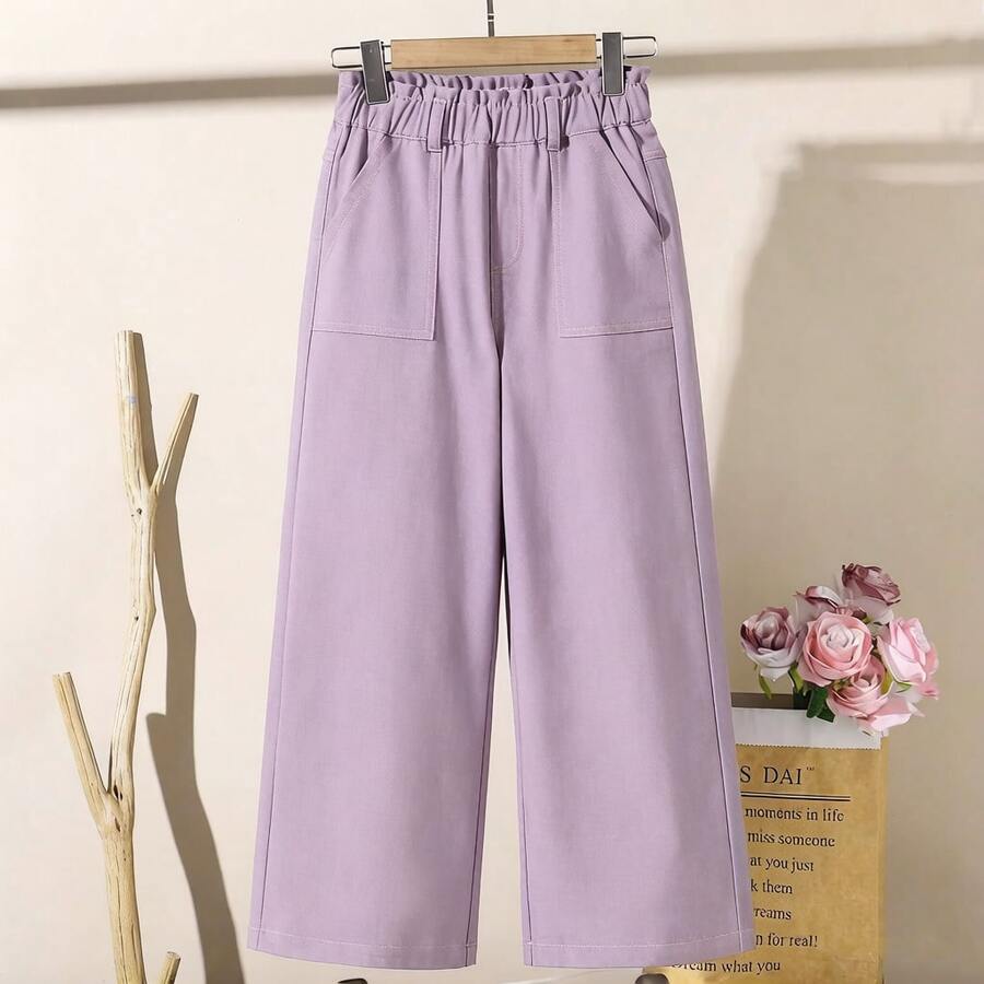 Jeans rectos de pierna ancha con volantes en la cintura, adecuados para todas las estaciones, para niñas - Púrpura malva - Ver 1