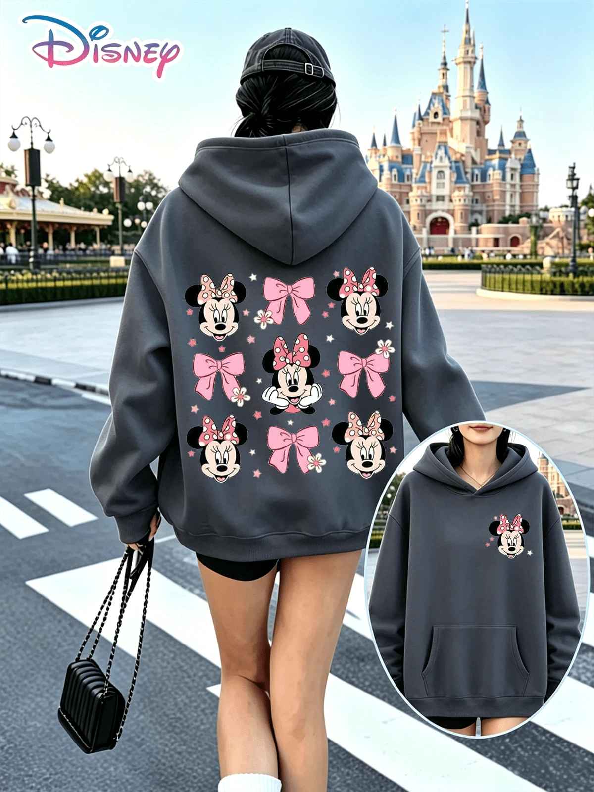 This Y2K Dark Grey Hoodie Features A Pink Polka Dot Bow And Nine-Square Star Print Minnie Mouse Sweatshirt. The Loose Fit Is Sweet And Youthful, Suitable For Everyday Wear, Commuting To School, And Disneyland Outfits. (Women's Autumn/Winter Clothing/Elegant Women's Outfits/Patterned Hoodies/Printed Tops/Casual Outfits For Women/Women Trending Now/Holiday Co-Ord/Plus Size Friendly) - Màu xám đen - Xem 1