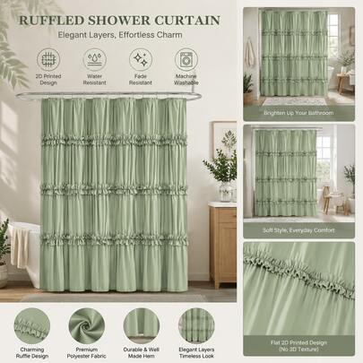 Seasonwood Green Shower Curtain Elegant Ruffle Shower Curtain With Ruched & Bow Vintage Farmhouse Shower Curtains For Bathroom Boho Bathroom Decor(Green,72x72 Inches)