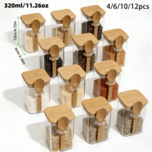 320ml Glass Spice Jars Set Airtight Glass Seasoning Containers With Bamboo Lid & Wooden Spoon Kitchen Food Storage Jars For Spices Salt Sugar Herbs Pantry Organizer 4/6/10/12Pcs - View 1
