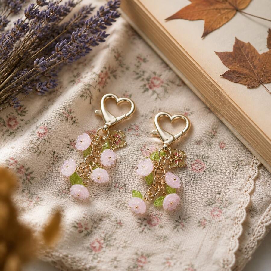 1Pc Cute Pink Flower & Butterfly Keychain Sweet Heart Lobster Clasp Bag Charm - Multicolor - View 1