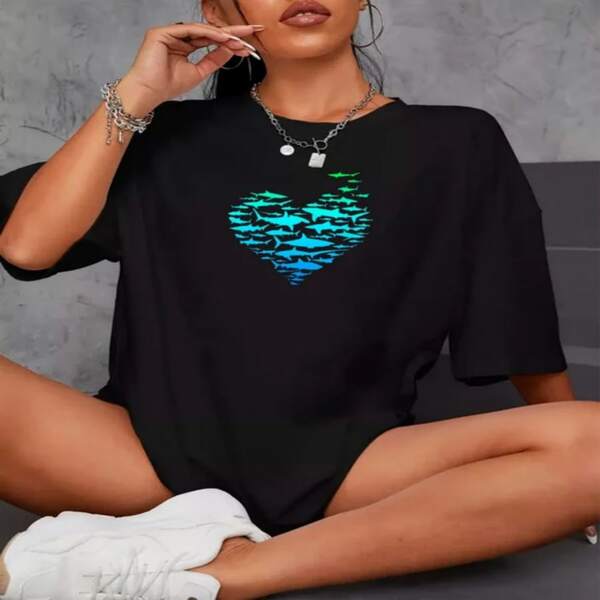 Unisex Heart Shark Print Black Casual Loose Fit Tee | Men Women Fashion Statement Top, Regular Sleeve, Crew Neck, Slight Stretch Fabric, Ideal For Spring/Fall Season