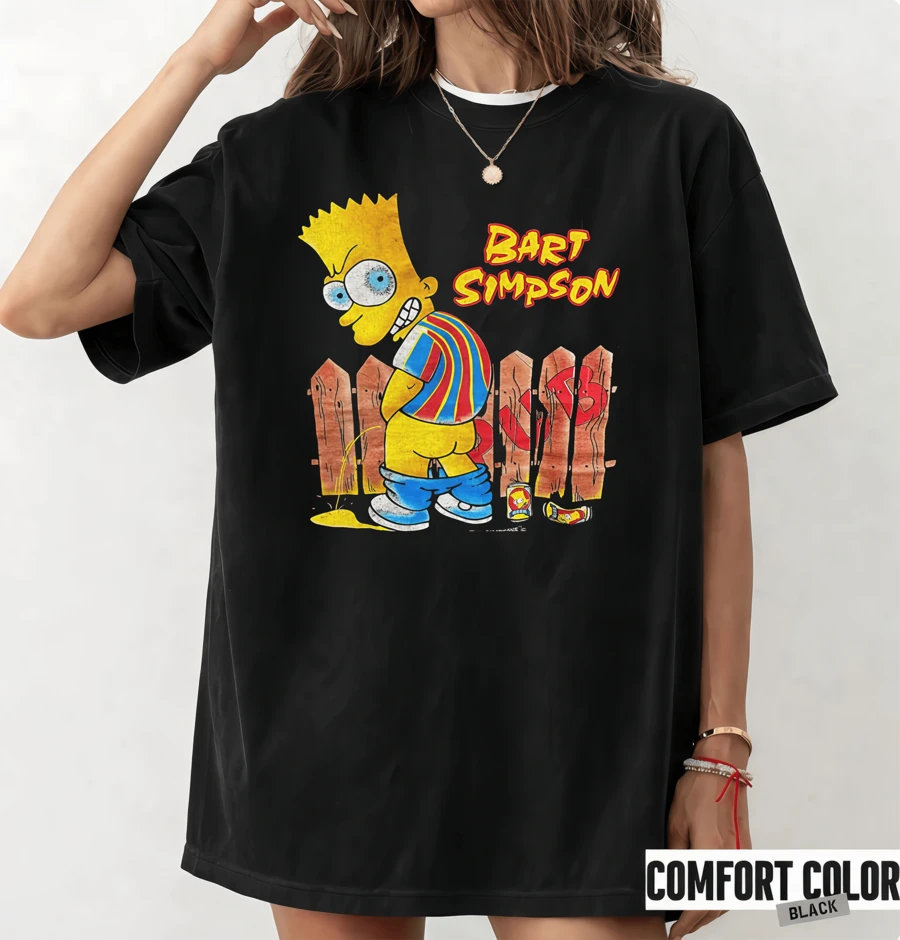 Camiseta vintage do Bart Simpson, com o design icônico do rebelde amarelo, confortável para uso diário, 100% algodão unissex. - Preto - Ver 1