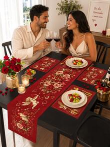 1/2/3/5/7pcs-Valentine's Day Red Table Runner, Romantic Cupid & Rose Print Decorative Table Runner, Wrinkle Resistant Fabric, Perfect For Romantic Dinner, Wedding Anniversary, Bridal Shower, Birthday Party, Kitchen Dining Room, Indoor Outdoor Home Holiday Decoration - Multicolor - View 5