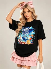 Women's Summer Casual Soft Round Neck Short Sleeve T-Shirt,Life Is Better On A Cruise Print Graphic Suitable For Spring Summer. - Hitam - View 4