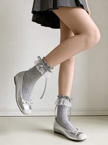 1/3 Pairs Thin Lace Trim Bow Decor Sweet Ballet Style Mid-Calf Socks, Spring/Summer - Multicolor - View 7