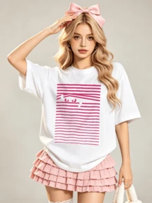 Women's Summer Casual Soft Round Neck Short Sleeve T-Shirt,Pink Peeking Eyes Minimalist Print Graphic Suitable For Spring Summer. - Blanco - Ver 4