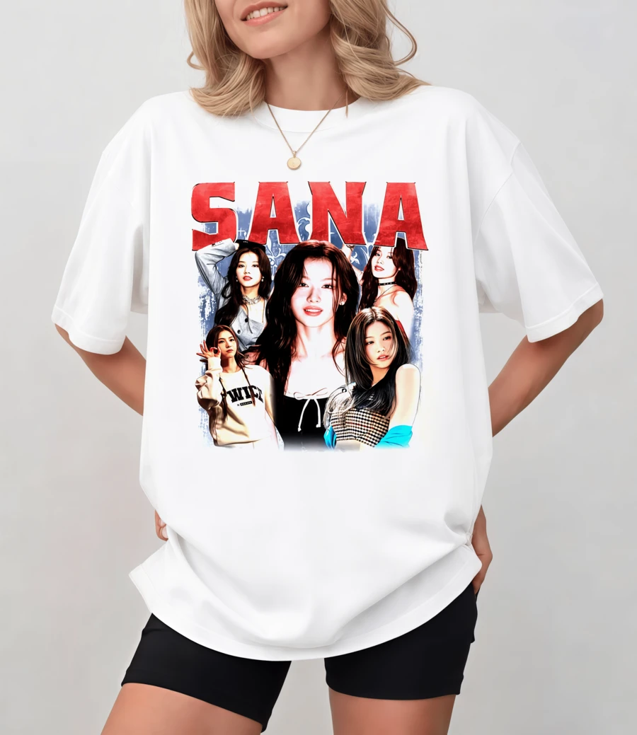 Vintage Sana TWICE Graphic T-Shirt, Photo Collage And "SANA" Text, Unisex Relaxed Fit - White - View 1