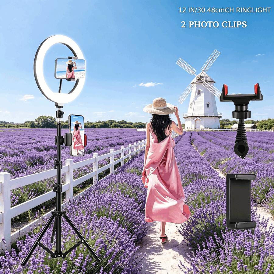 UEGOGO Đèn vòng RGB 12 inch với chân đế điều chỉnh độ cao và khả năng xoay 360°, 38 chế độ chiếu sáng, tương thích với điện thoại và Android, lý tưởng cho trang điểm, phát trực tiếp, chụp ảnh, quay phim và selfie. - màu đen - Xem 1