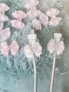 2pcs Pink Bowknot Universal Type-C Cable Protector, Cute Plastic Butterfly Decor, Phone Cable Guard, Wire Organizer, Device Cable Protector, Gift For Her, Travel Tech Accessory, Christmas Gift, Kawaii - Square - View 5