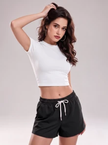 Pantalones cortos casuales con cintura con cordón elástico y bolsillos laterales - Negro - Ver 4