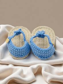 1 Pair Handmade Crochet Infant Sandals, White And Beige, Infant Booties - Baby Blue - View 7