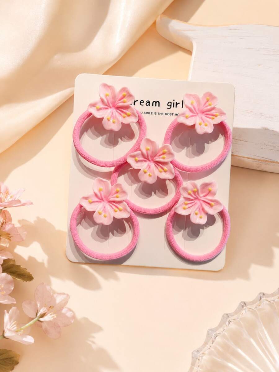 5pcs Cute Floral Hair Scrunchies For Girls, Suitable For Daily Use - Multicolor - View 1